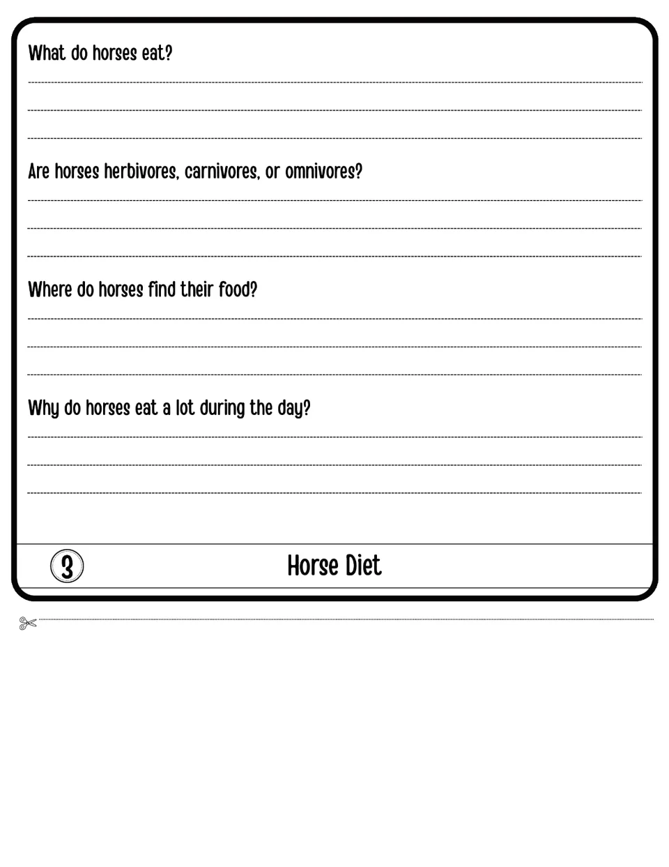Horse Diet flap 3: students tell what horses eat, where they find food, why they eat all day and classify their diet type