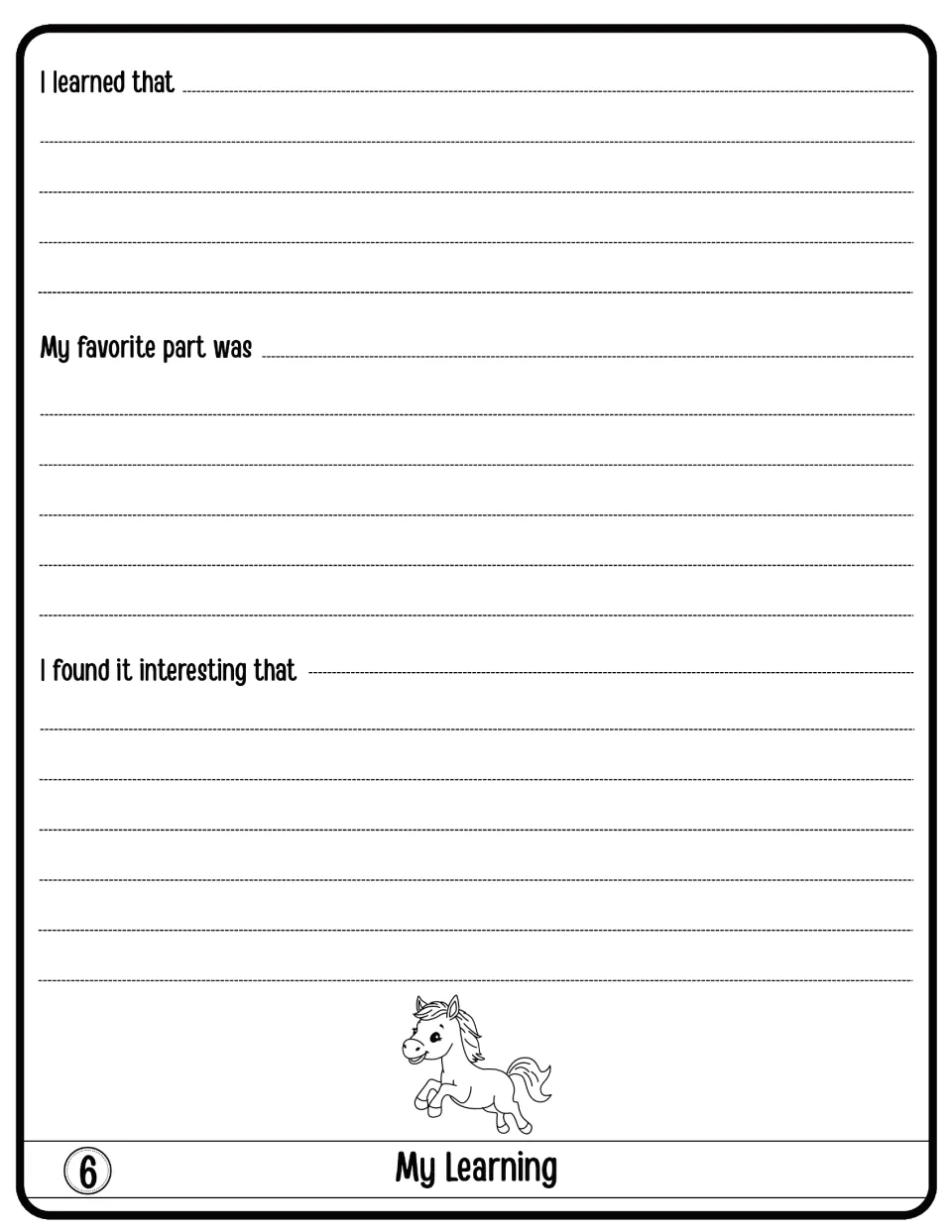 My Learning flap 6: students reflect by finishing I learned that, My favorite part was, and I found it interesting that