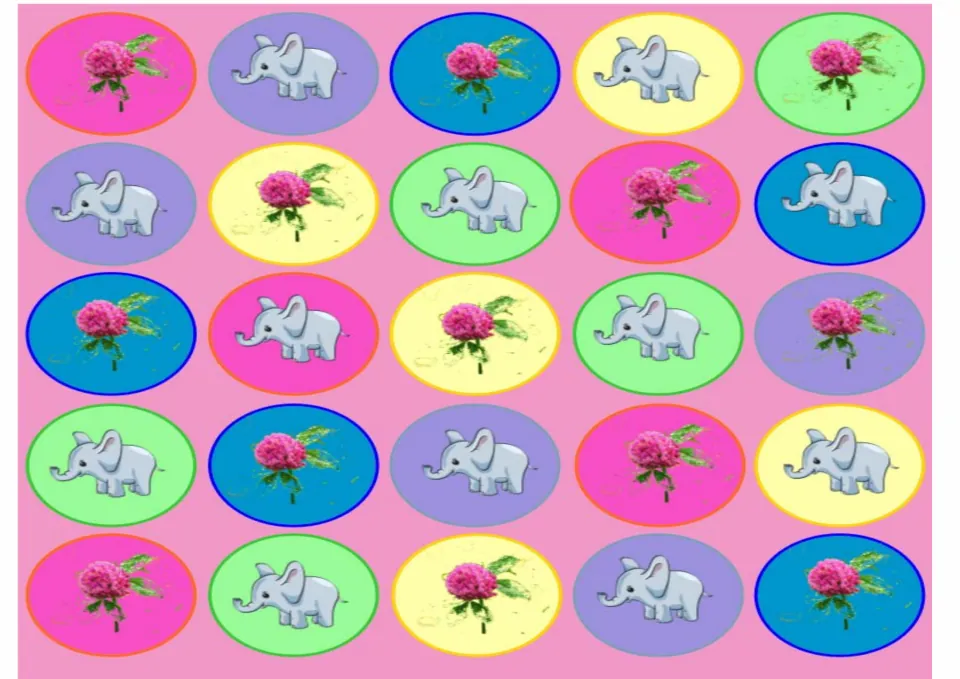 Koosh ball game selection page with 25 colored targets showing alternating elephant and flower pictures
