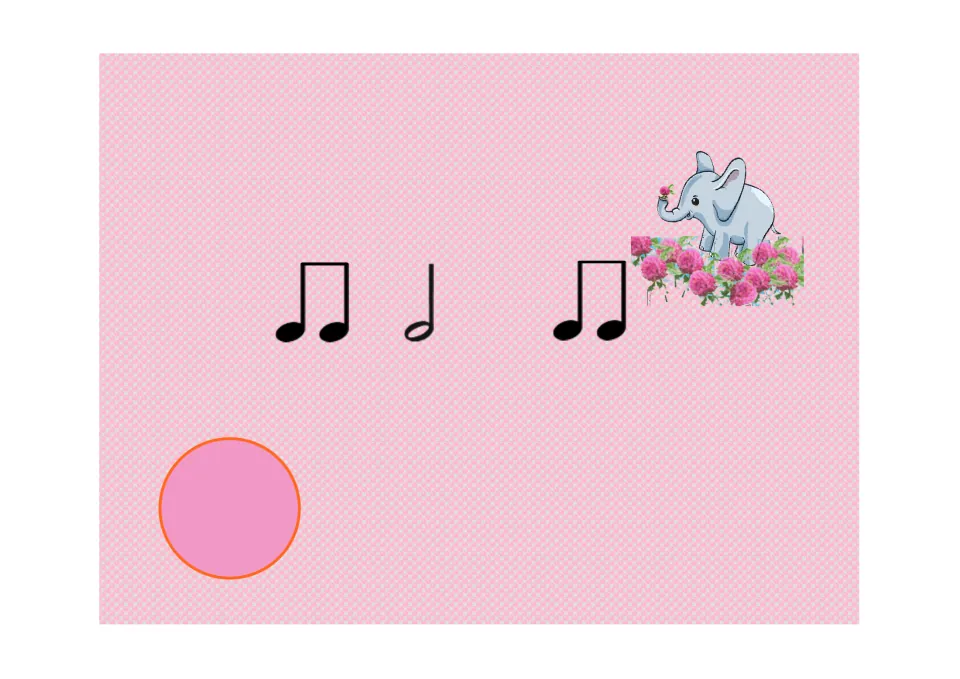 Rhythm practice slide 1 for the Koosh ball game: paired eighth notes, a half note, then paired eighth notes