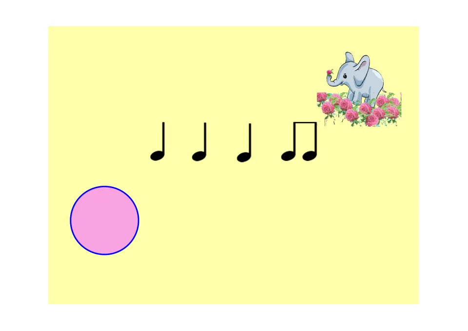 Rhythm practice slide 3 for the Koosh ball game: three quarter notes followed by one pair of eighth notes