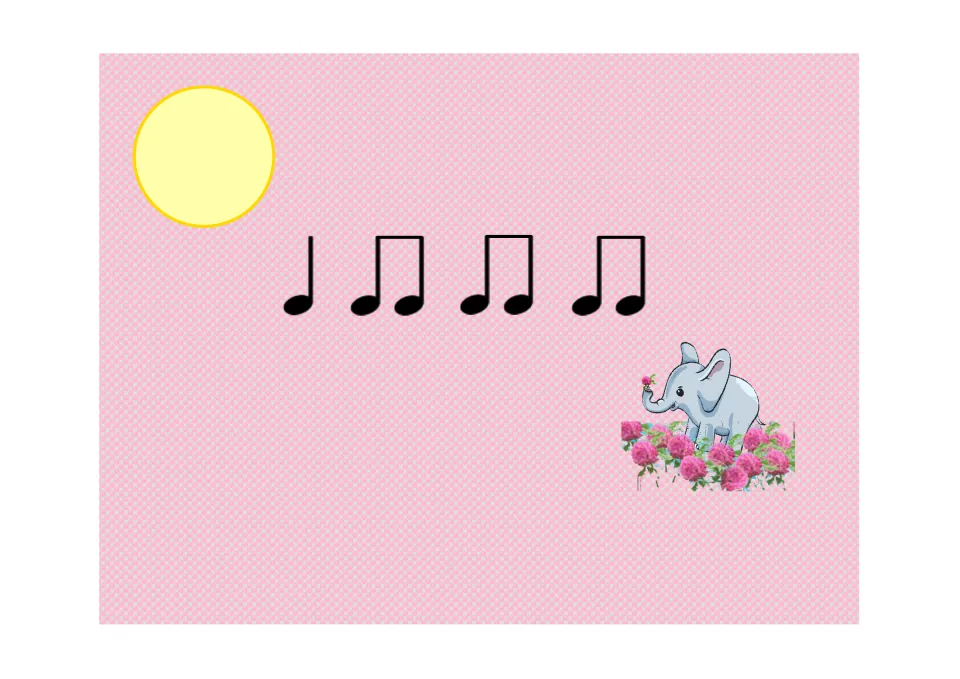 Rhythm practice slide 4 for the Koosh ball game: one quarter note followed by three pairs of eighth notes