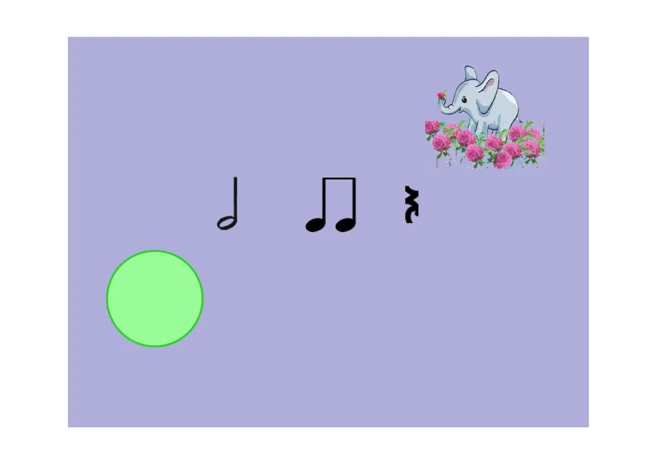 Rhythm practice slide 5 for the Koosh ball game: a half note, a pair of eighth notes, and a quarter rest