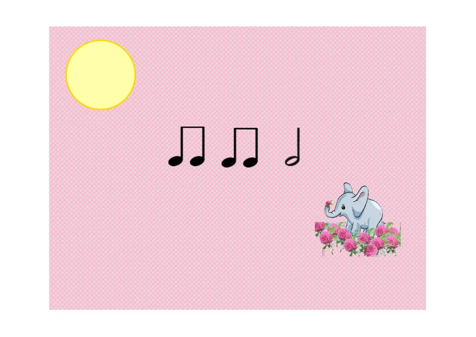 Rhythm practice slide 7 for the Koosh ball game: two pairs of eighth notes followed by a single half note