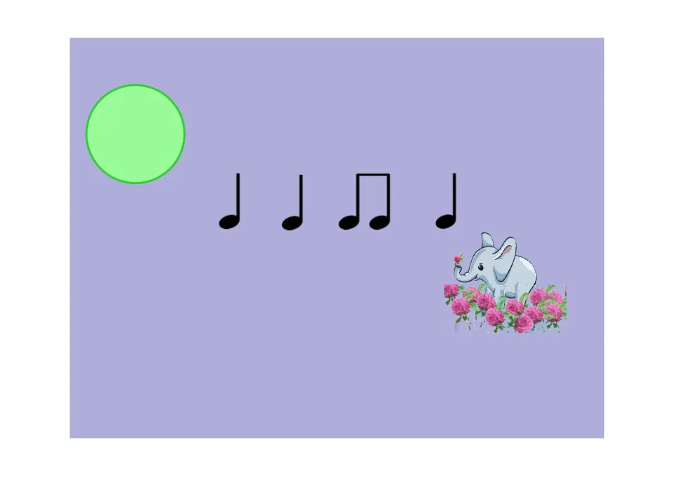 Rhythm practice slide 8 for the Koosh ball game: two quarter notes, paired eighth notes, then a quarter note