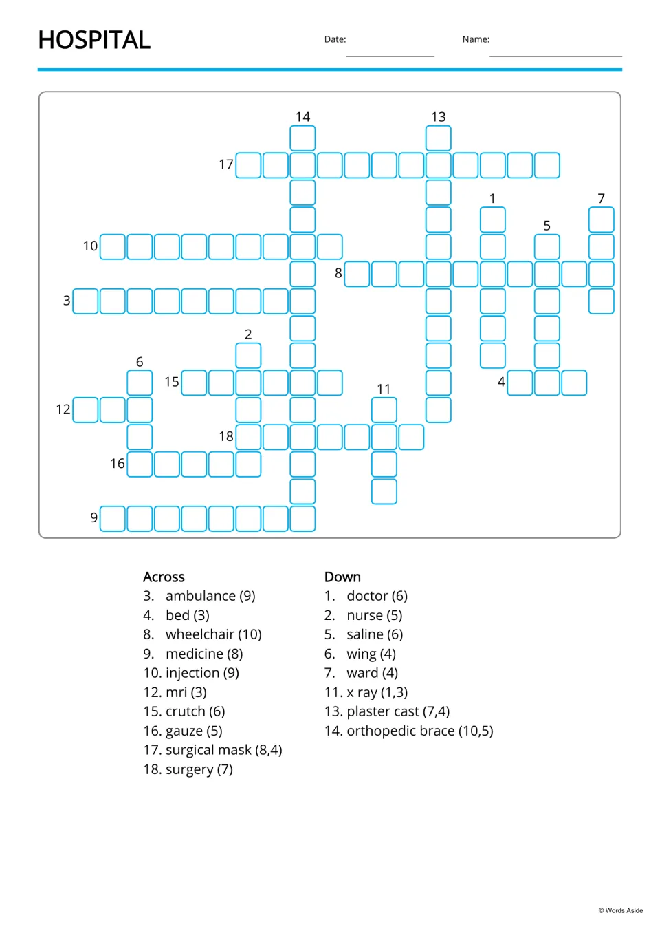 Hospital crossword: students fill in 18 words like wheelchair, saline and plaster cast using Across and Down word lists