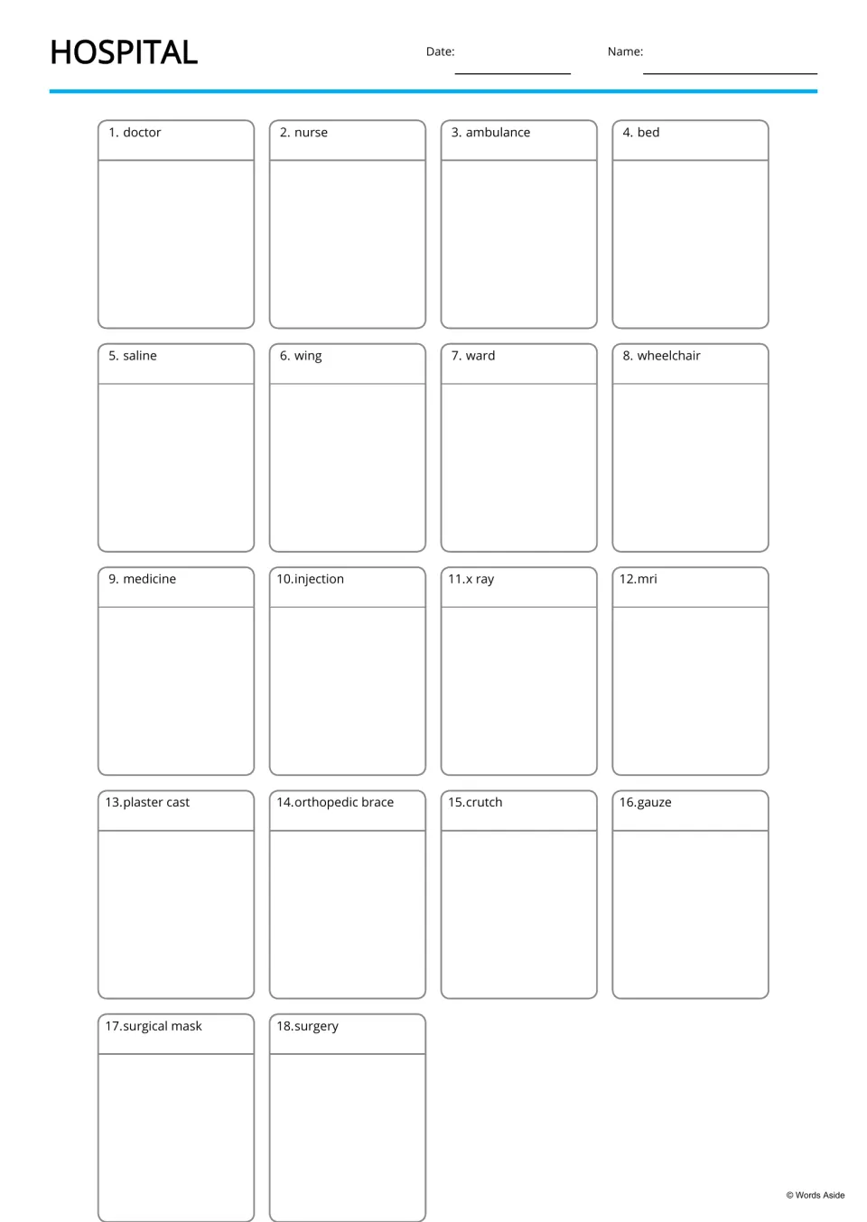 Hospital vocabulary drawing page: students draw a picture for each of 18 labeled words from doctor to surgery