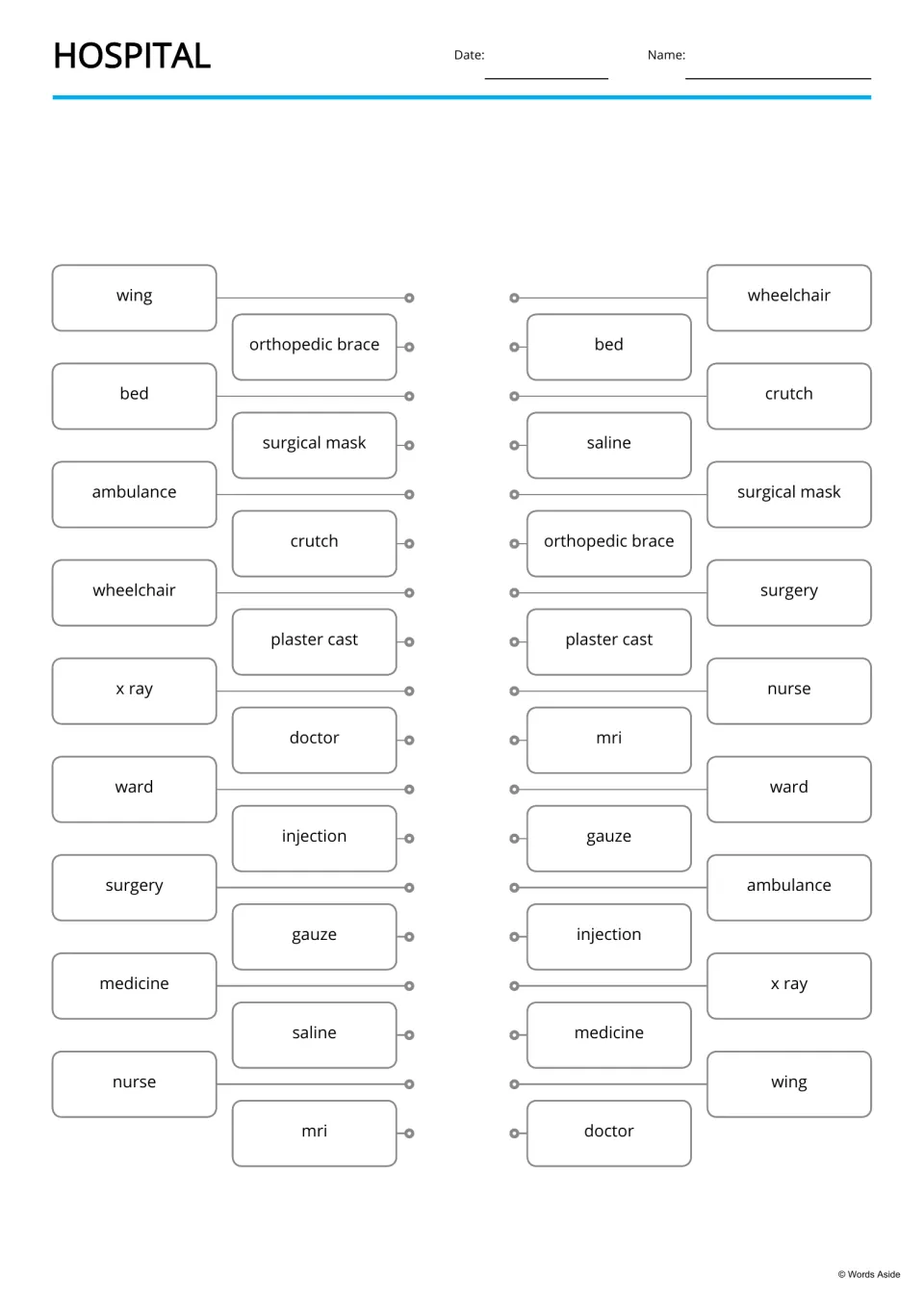Hospital word matching: students draw lines to connect identical words such as crutch, injection and x ray across two lists
