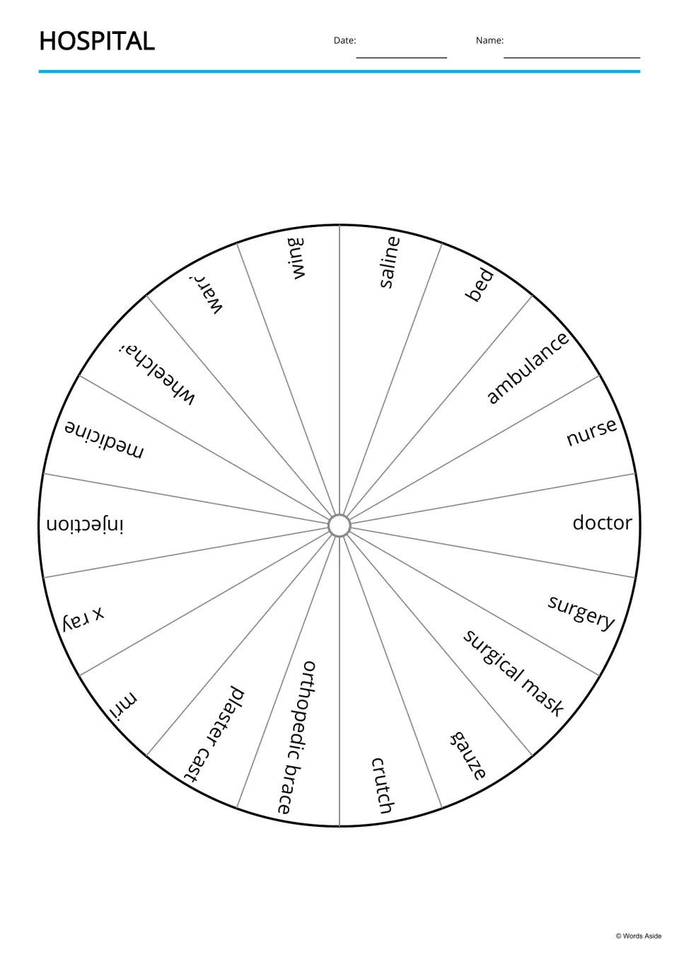 Hospital word wheel divided into 18 sections naming items like bed, crutch, orthopedic brace and surgical mask