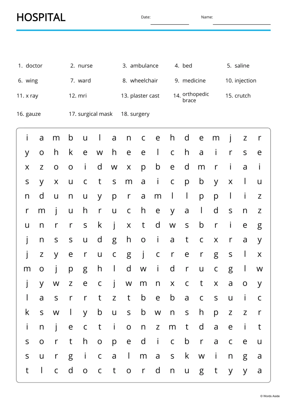 Hospital word search: students find 18 listed words, including medicine, injection and mri, hidden in a letter puzzle