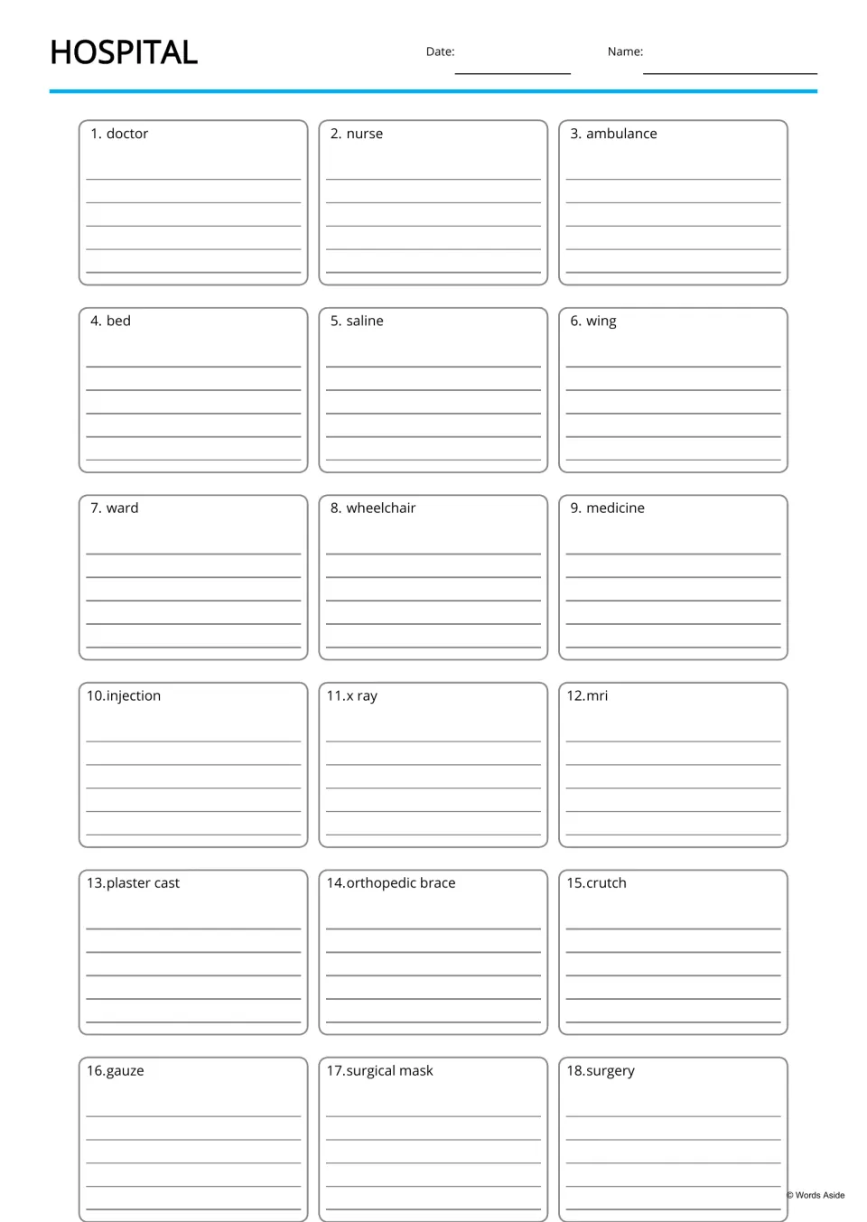 Hospital vocabulary writing page: students write about each of 18 listed words, from doctor and nurse to surgery
