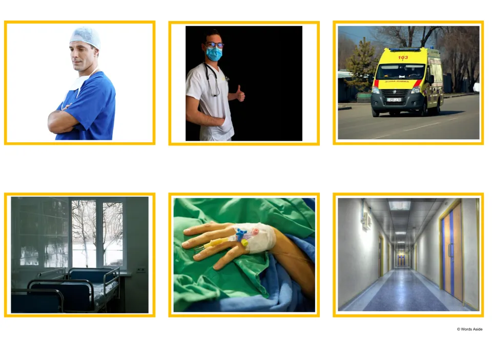 Hospital photo cards: two medical staff, an ambulance, an empty bed, an IV line in a patient's hand and a long corridor