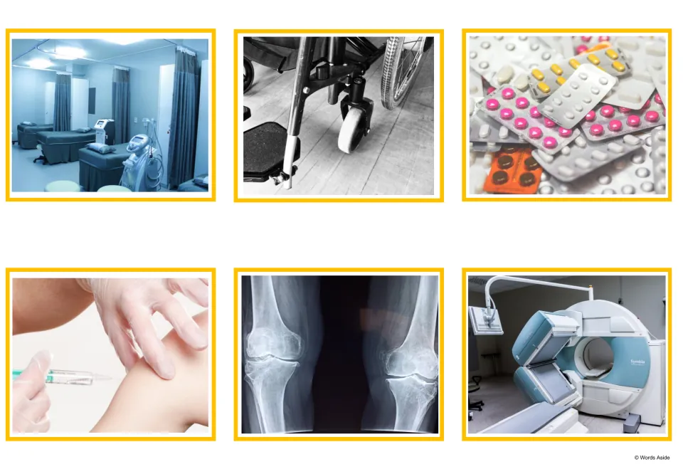 More photo cards: a ward with beds, a wheelchair, blister packs of medicine, an injection, a knee x-ray and an MRI scanner
