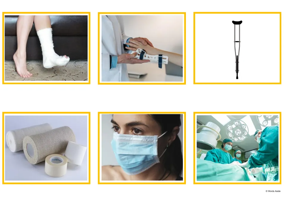 Final photo cards: a foot in a plaster cast, a wrist brace, a crutch, gauze rolls, a surgical mask and surgeons operating