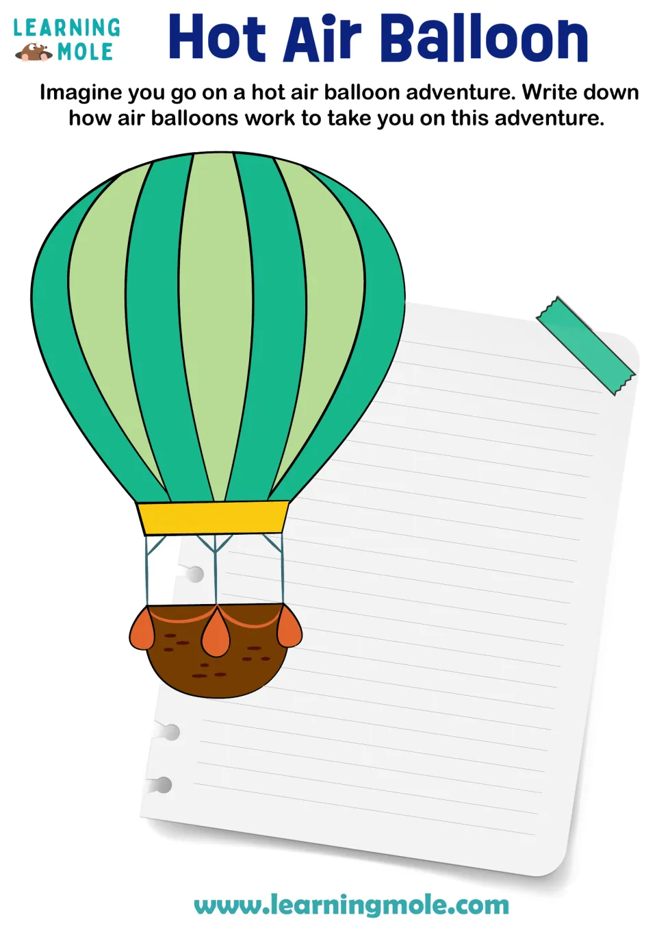 Hot air balloon writing prompt: students imagine a balloon adventure and explain how hot air balloons work to fly