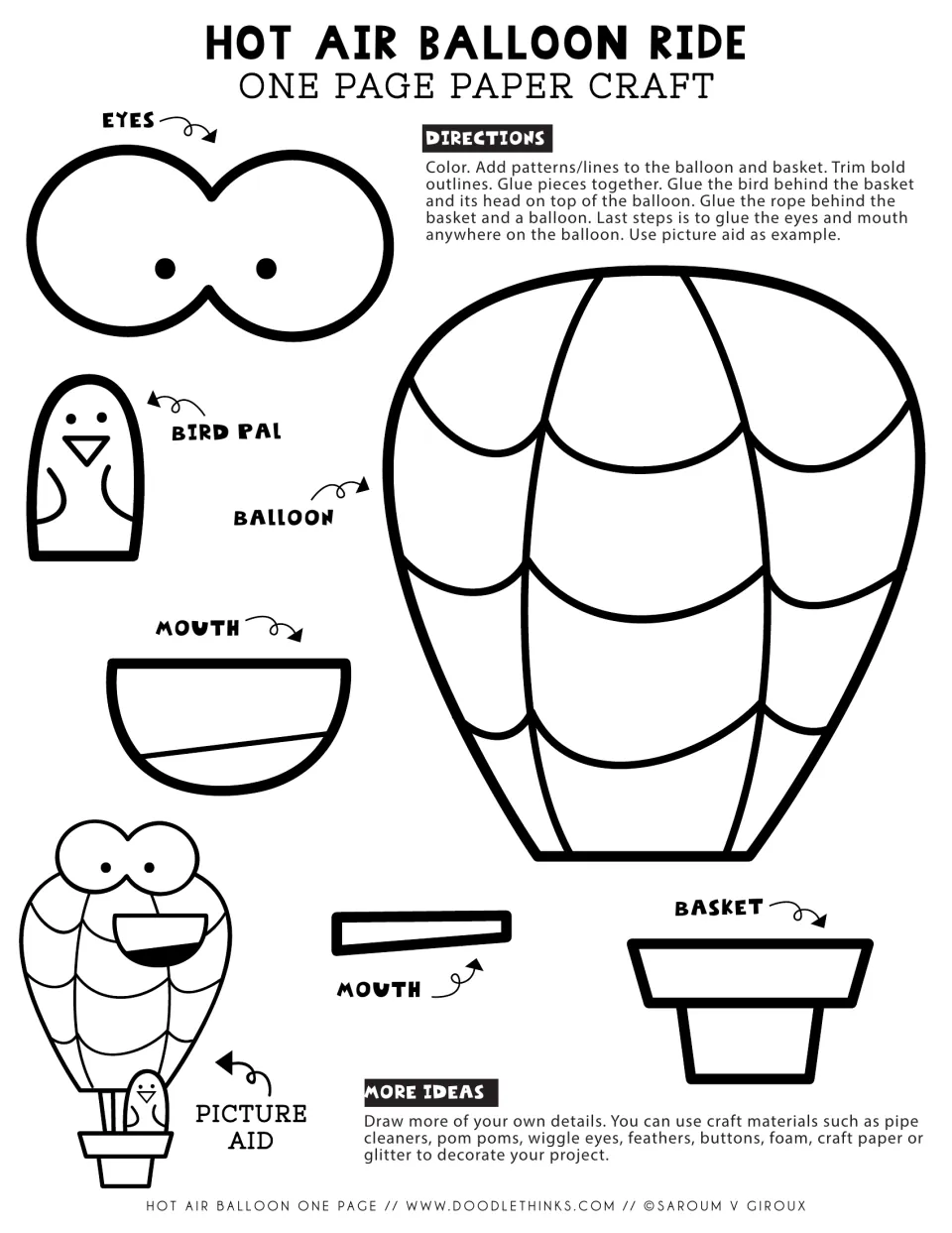Hot air balloon paper craft: students color, cut and glue the balloon, basket, eyes, mouth and bird pal using a picture aid