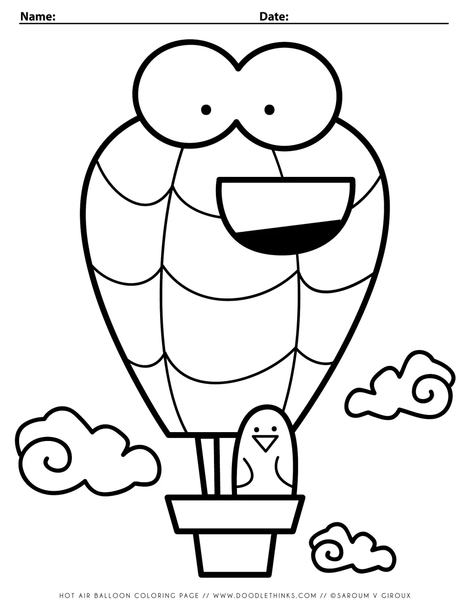 Hot air balloon coloring page showing the finished balloon with big eyes and smiling mouth, a bird in the basket and clouds