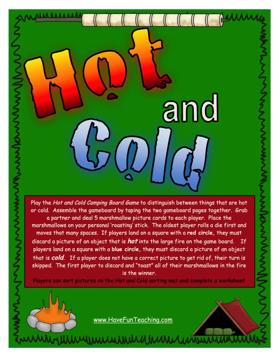 Hot and Cold Activity cover with directions for a camping board game, picture sorting, and a worksheet
