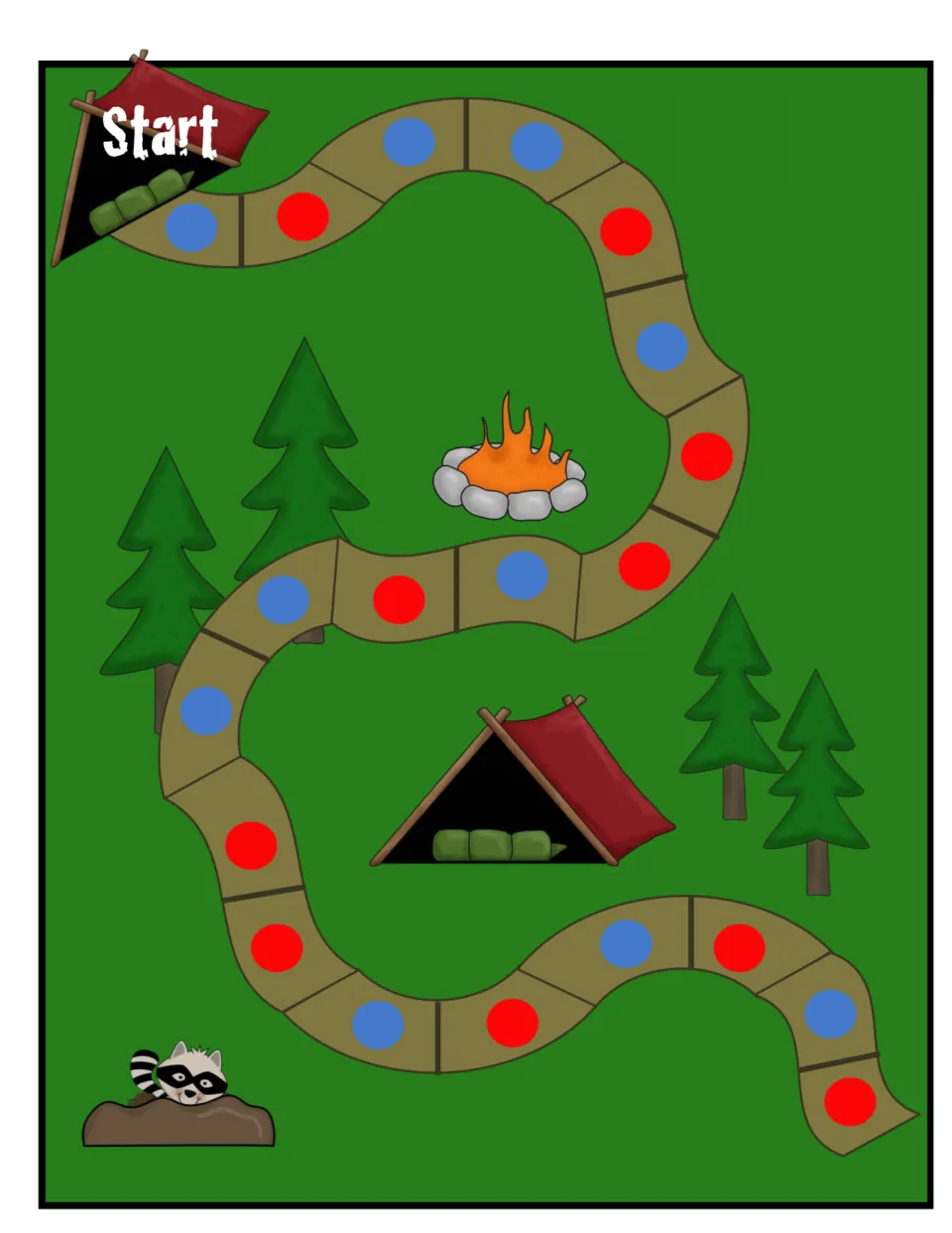 First half of the camping game board, with Start and red and blue spaces for hot-or-cold picture cards