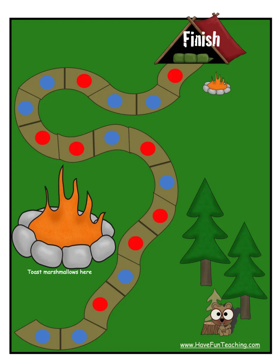 Second half of the camping game board, with Finish and a fire labeled “Toast marshmallows here”
