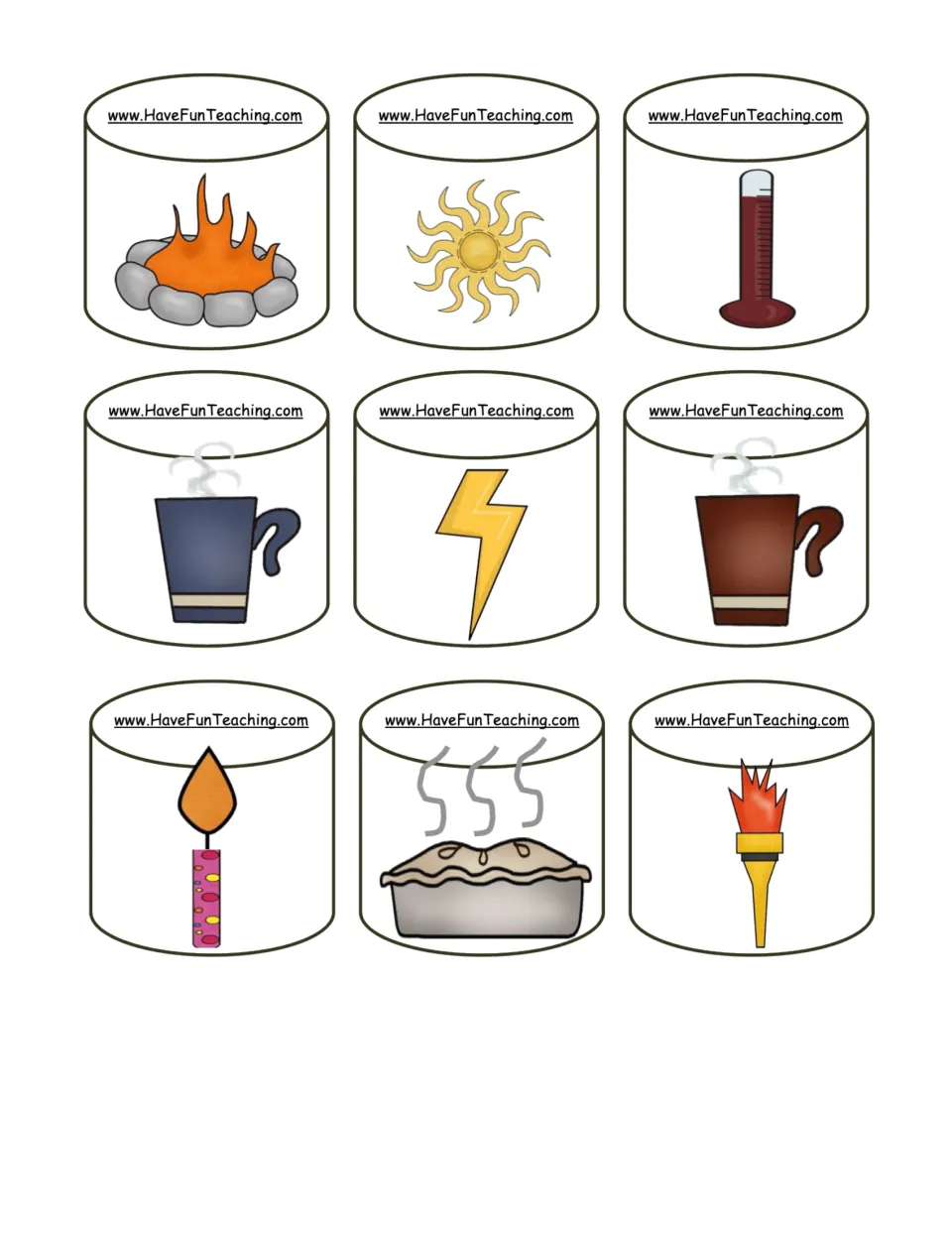 Nine hot-object marshmallow cards for the game: fire, sun, thermometer, two mugs, lightning, candle, pie, torch