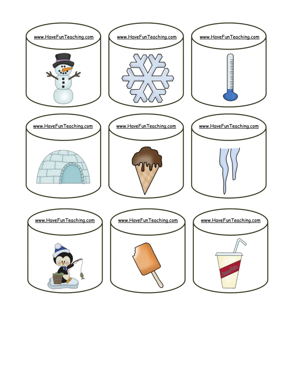 Nine cold-themed marshmallow cards for the game: snowman, snowflake, thermometer, igloo, ice cream, and four more