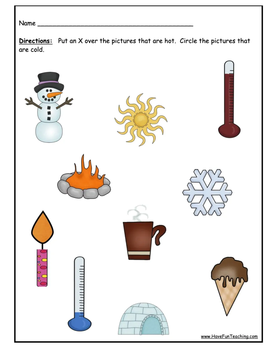 Temperature worksheet asking students to mark hot pictures with an X and circle cold pictures among 10 items