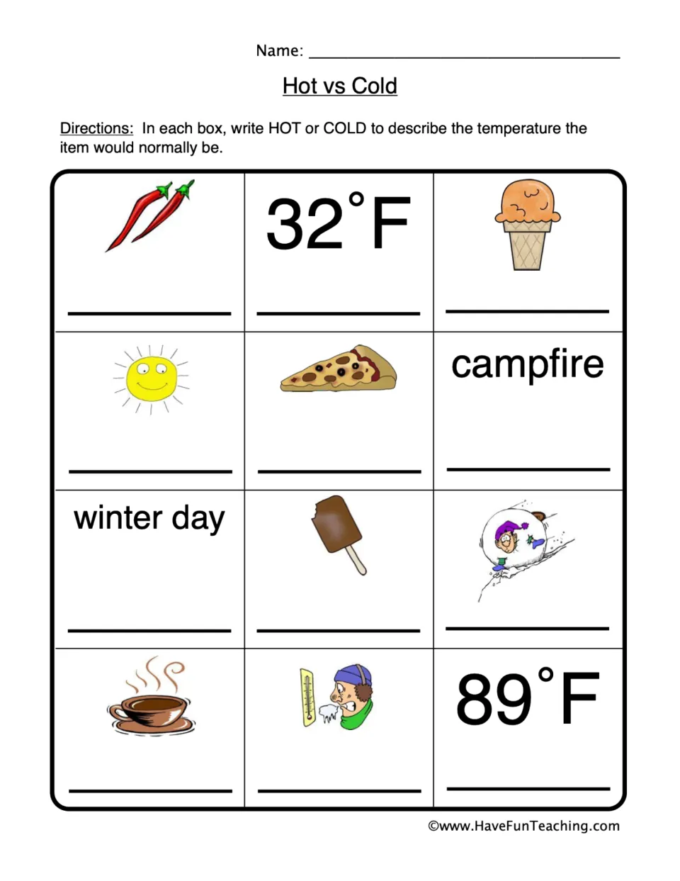 Temperature worksheet: label 12 items HOT or COLD, including chili peppers, 32°F, ice cream, and a campfire