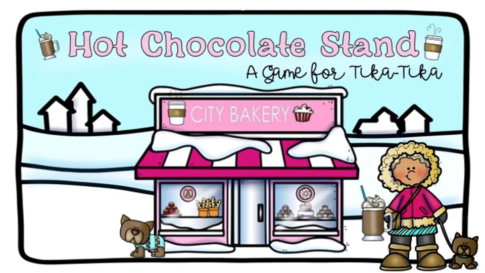 Hot Chocolate Stand Music Game cover introduces a winter music activity with the subtitle 'A Game for Tika-Tika'.