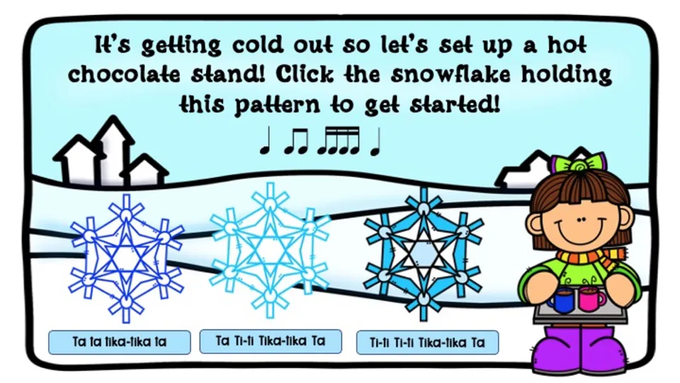 Opening rhythm challenge asks students to click the snowflake labeled with the matching Ta Ti-ti Tika-tika Ta pattern.