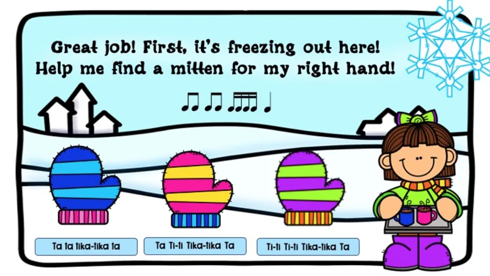 Right-hand mitten challenge asks students to match Ti-ti Ti-ti Tika-tika Ta to one of three labeled mittens.