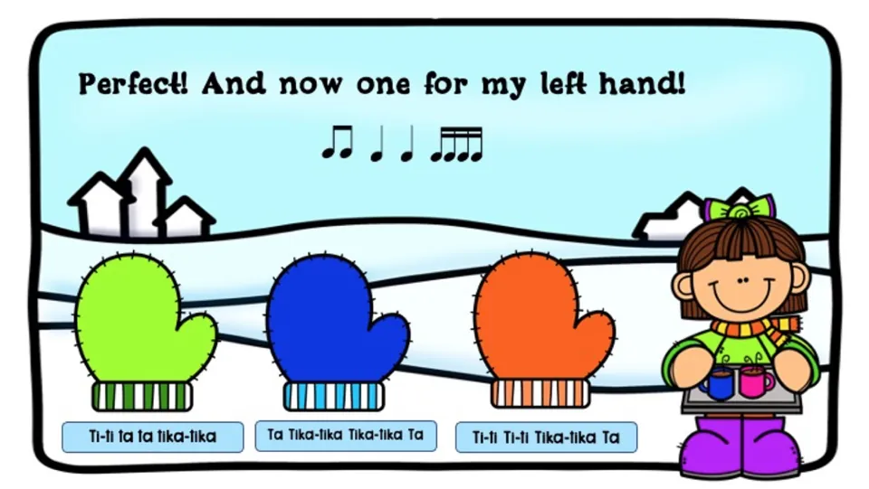 Left-hand mitten challenge asks students to match Ti-ti Ta Ta Tika-tika to one of three labeled mittens.