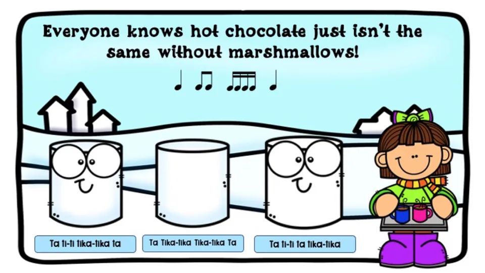 Marshmallow ingredient challenge asks students to match Ta Ti-ti Tika-tika Ta to one of three marshmallows.