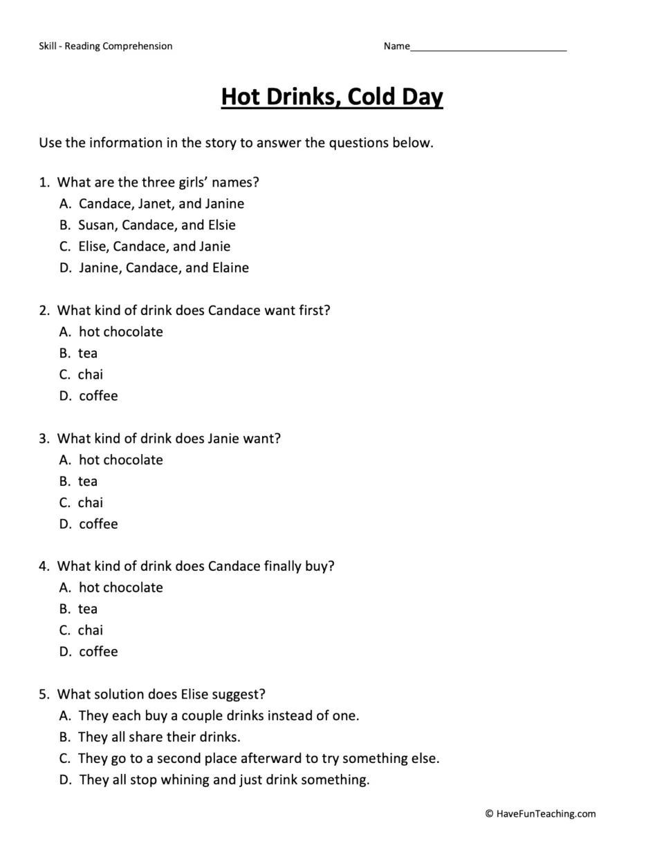 Five multiple-choice questions about the girls' names, drink choices, and Elise's suggestion to share.