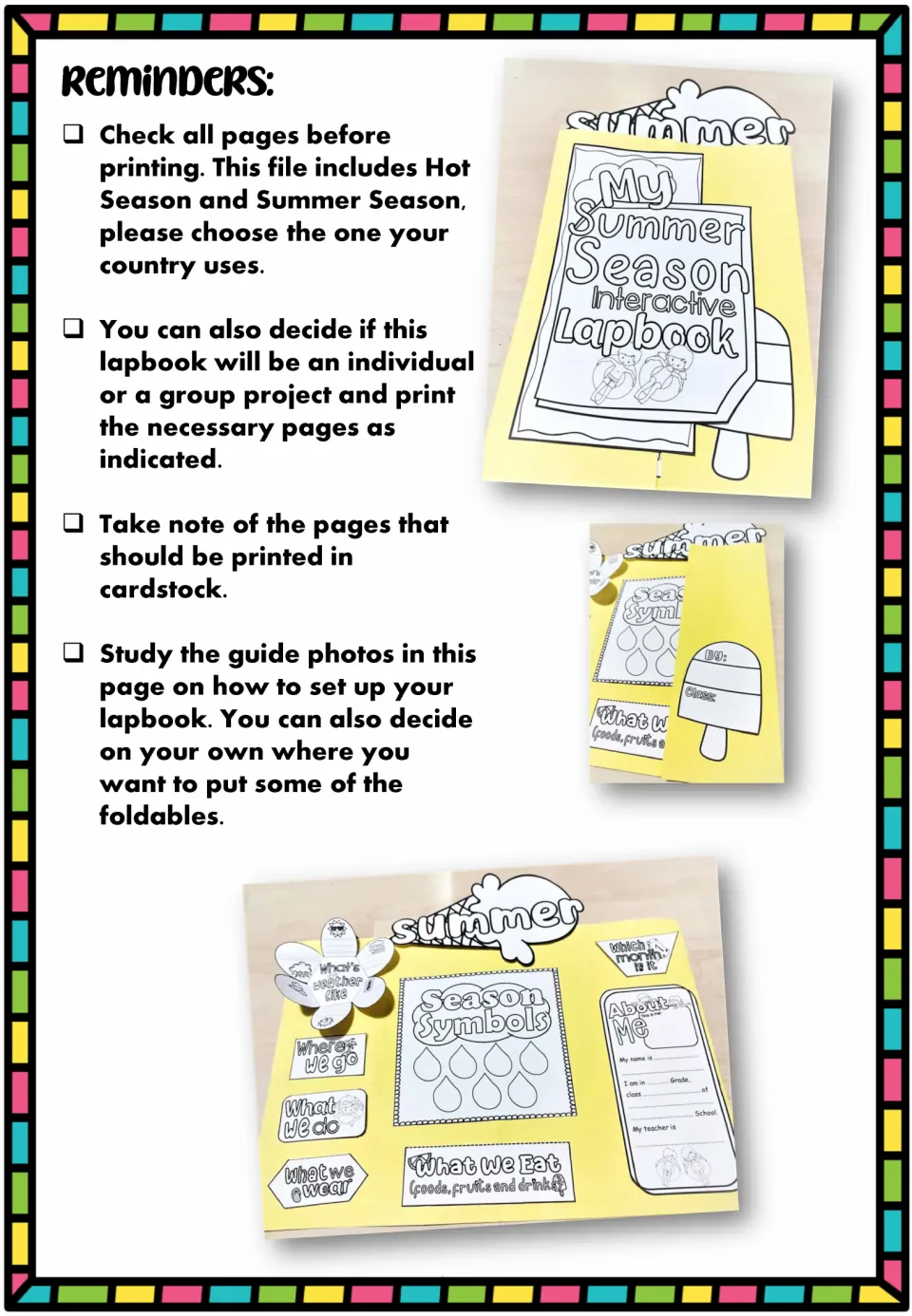Lapbook reminders explain seasonal wording, individual or group options, cardstock, and photo assembly guides.