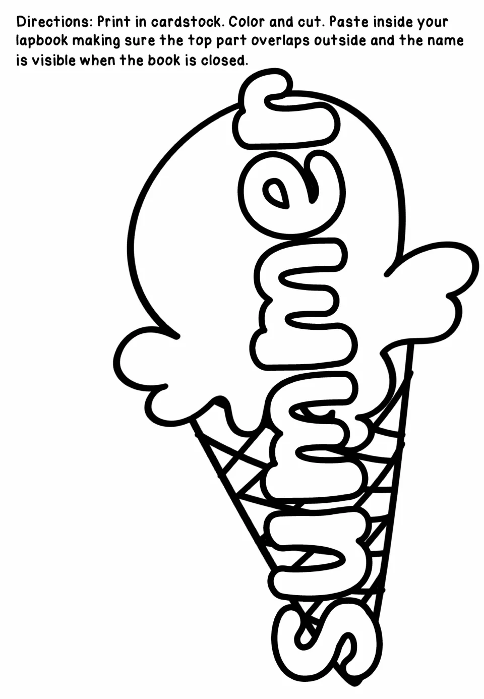 Summer lapbook title cutout uses an ice cream cone shape and extends above the lapbook to stay visible when closed.