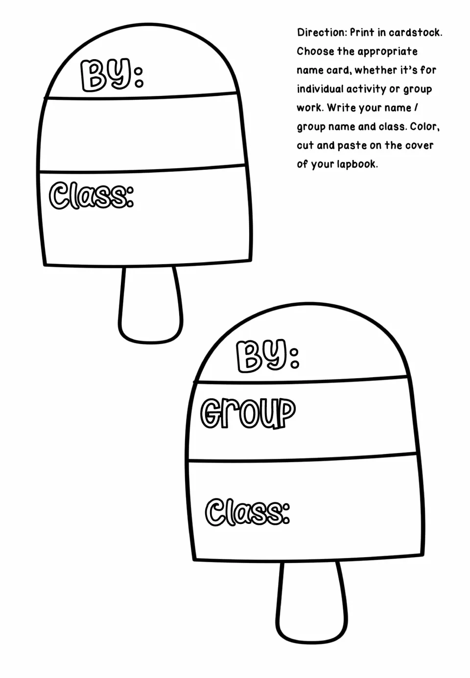 Two ice pop name cards label the lapbook cover: one for an individual and one for a group, both with class labels.