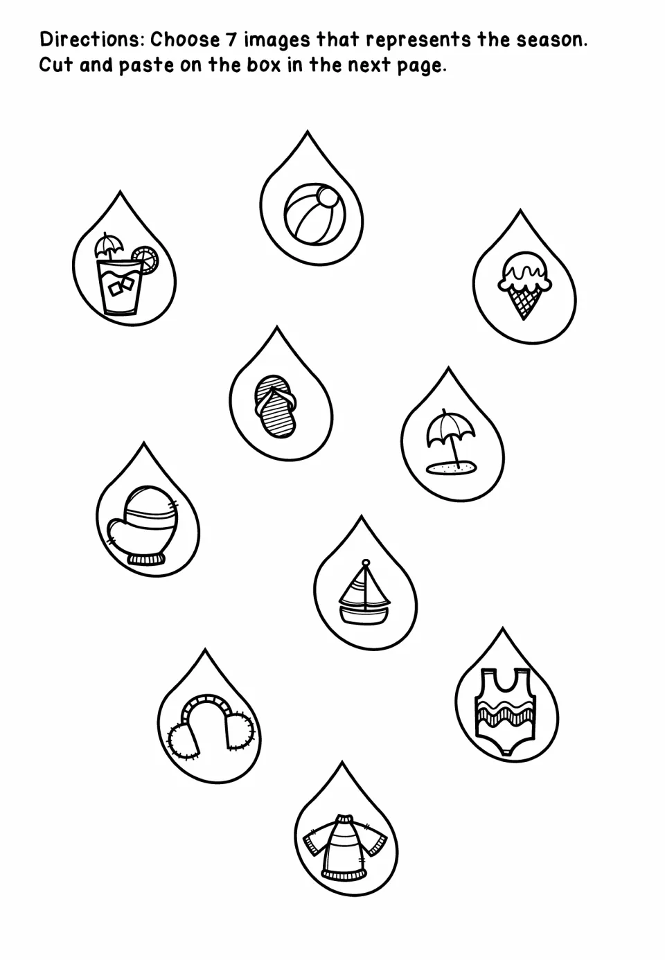 Lapbook symbol activity asks students to choose seven of 10 pictures, including a beach ball, ice cream, and mittens.