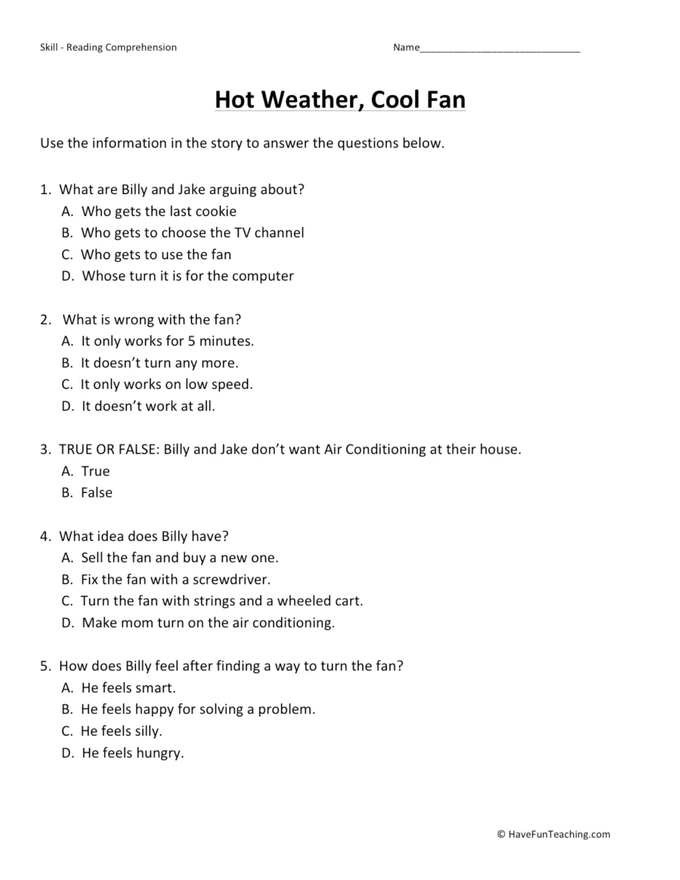 Five comprehension questions about Billy and Jake's fan, air conditioning, and their solution to sharing.