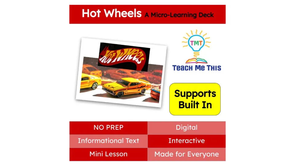 Cover of the Hot Wheels micro-learning deck, identifying informational text and built-in supports