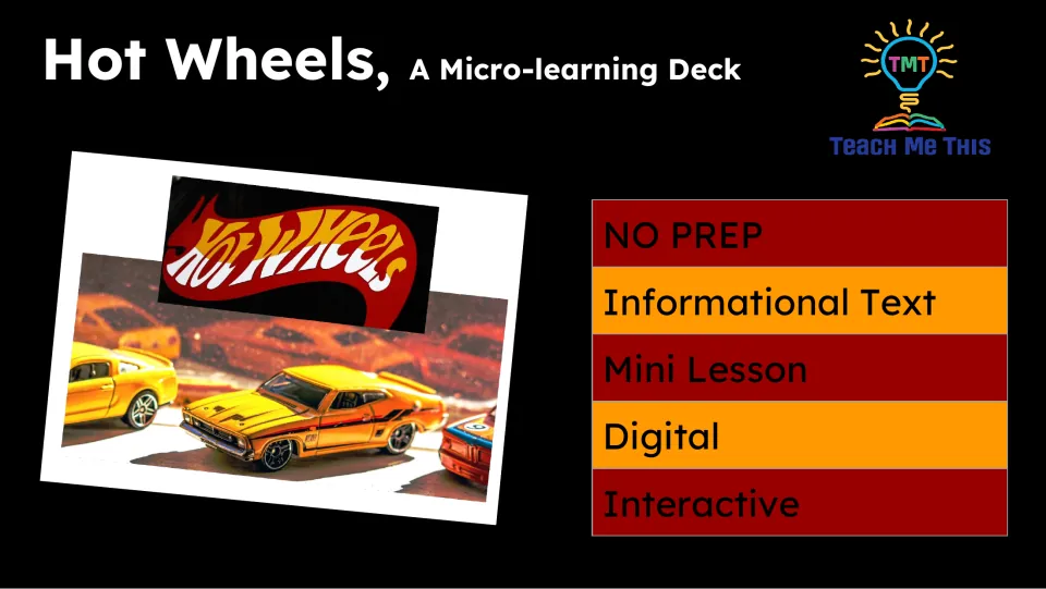 Title slide introducing the Hot Wheels mini lesson as digital and interactive, with informational text