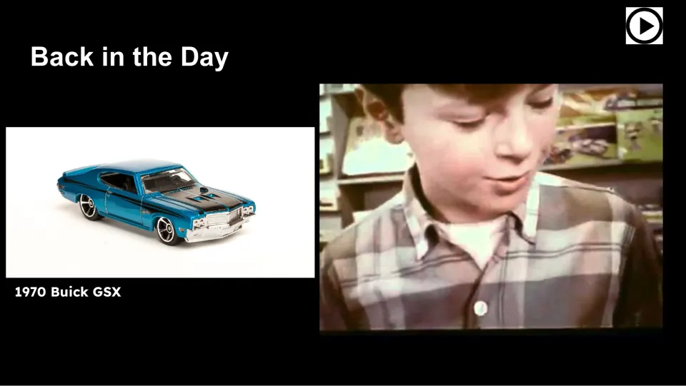 Back in the Day lesson slide showing a toy car labeled 1970 Buick GSX and a video still of a child
