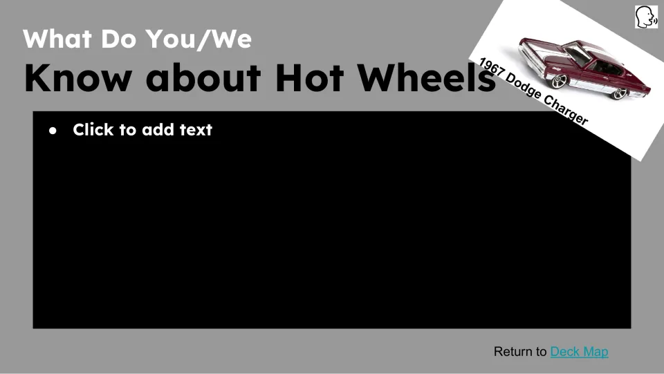 Prior knowledge slide asking what students know about Hot Wheels, with an editable response placeholder