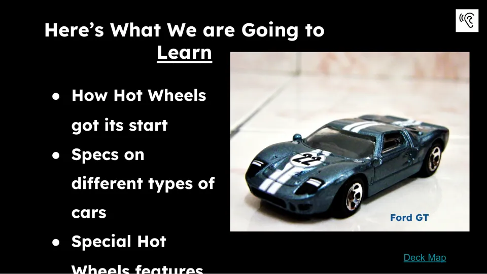 Learning goals slide covering how Hot Wheels started, specifications of different cars, and special features