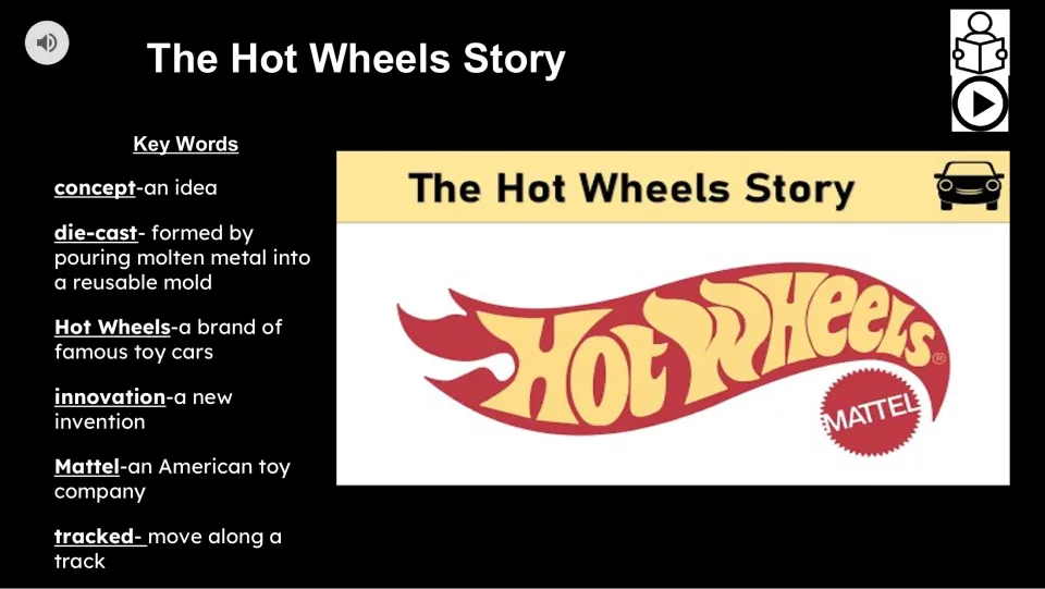 Story introduction defining concept, die-cast, Hot Wheels, innovation, Mattel, and tracked beside a video