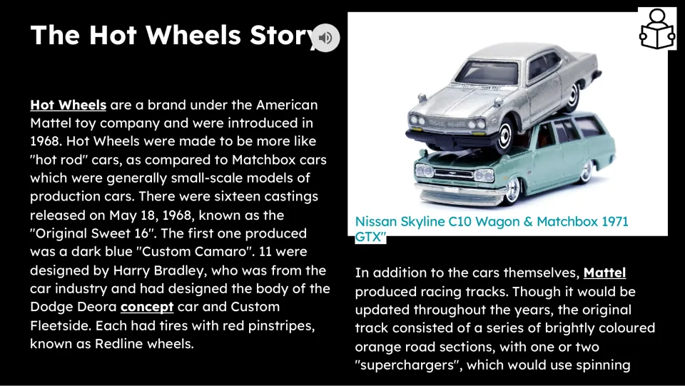 Reading passage opening about Hot Wheels' 1968 debut, the Original Sweet 16, Redline wheels, and tracks
