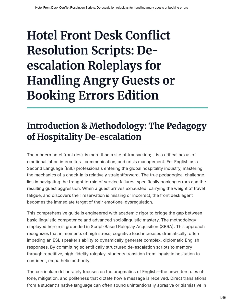 Workbook introduction explains script-based roleplay practice for ESL learners handling hotel guest conflicts.