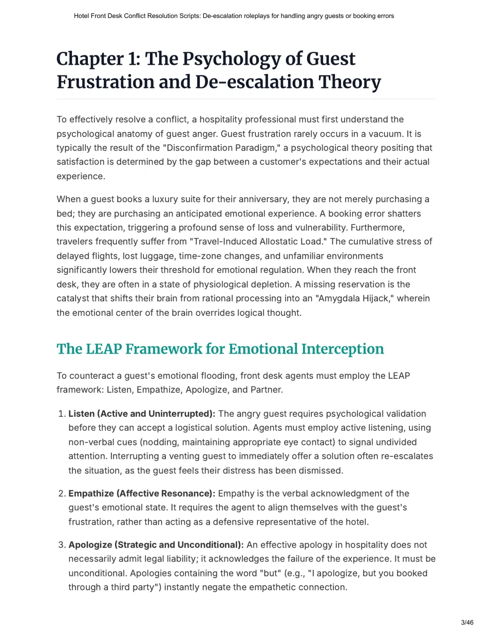 Chapter 1 introduces guest frustration and the LEAP framework, explaining listening, empathy, and apologies.