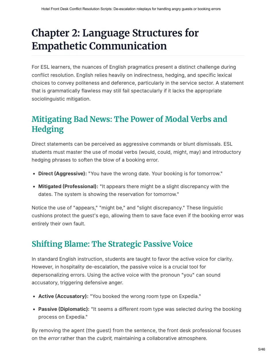 Chapter 2 contrasts direct and diplomatic hotel responses using modal verbs, hedging, and passive voice.