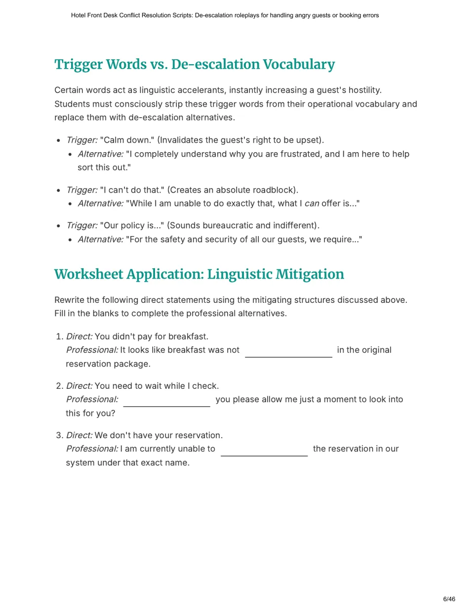 Chapter 2 pairs trigger phrases with calmer alternatives and adds three hotel response completion exercises.